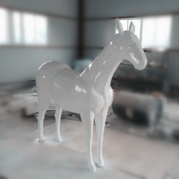Large custom fiberglass horse statue during factory production