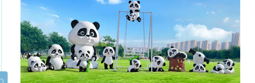 Cartoon Panda Family Rainbow Arch Sculpture Set