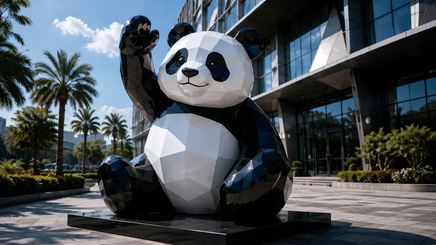 Low-Poly Panda Sculpture (Waving)